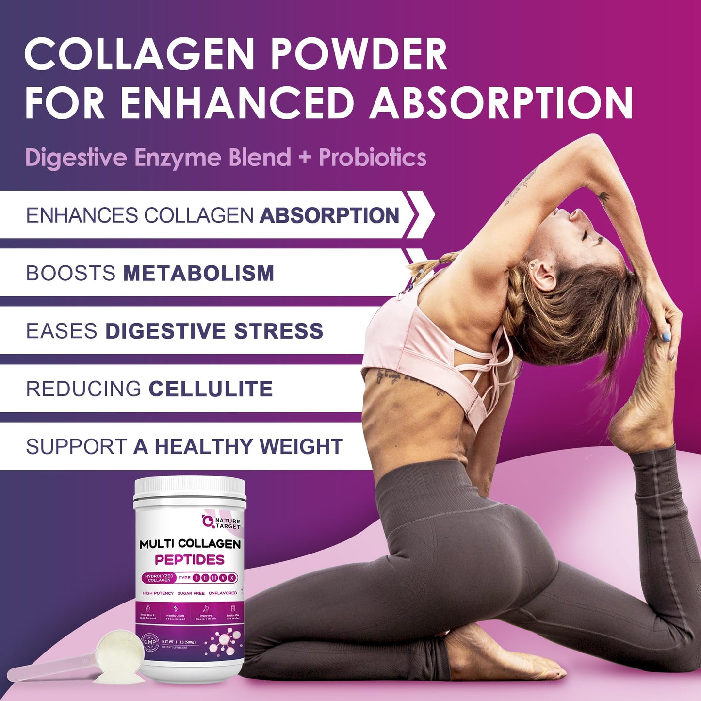 NATURE TARGET Multi Collagen Peptides Powder – Types I–X, Vitamin C + Hyaluronic Acid (Grass-Fed, Non-GMO, 50 Servings)