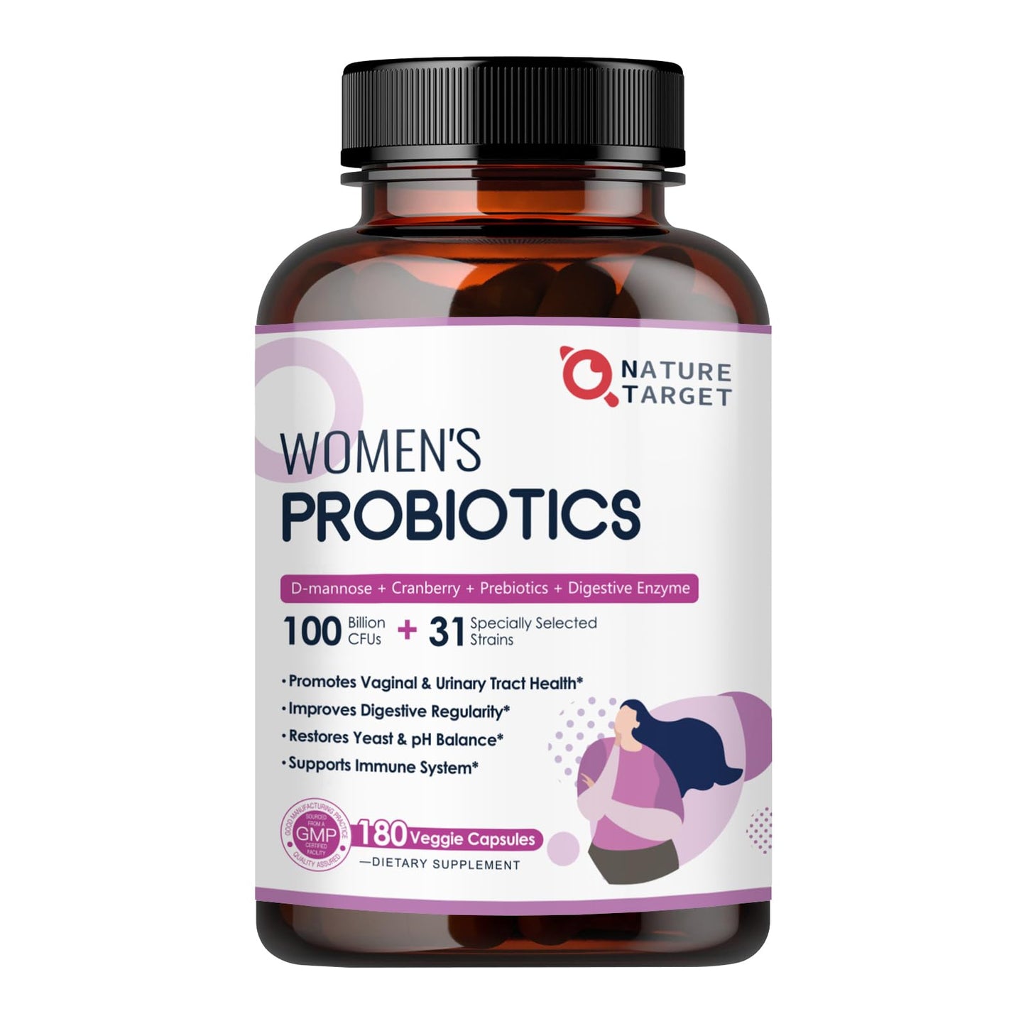 Nature Target Probiotics for Women – 100B CFUs, Enzymes, Prebiotics, Cranberry | 180 Veggie Capsules