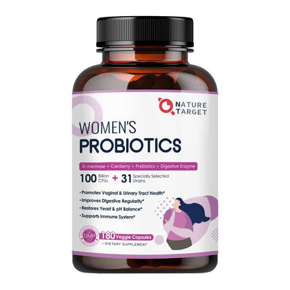 Nature Target Probiotics for Women – 100B CFUs, Enzymes, Prebiotics, Cranberry | 180 Veggie Capsules