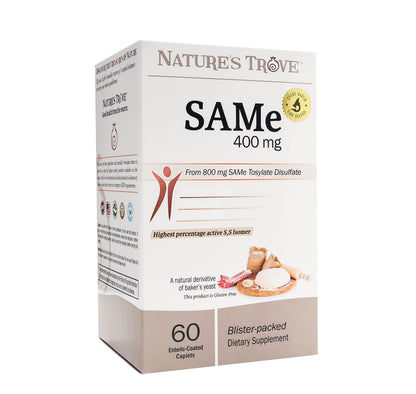 Nature's Trove SAM-e 400mg 60-Count Enteric Coated Caplets | Vegan, Kosher, Non-GMO Project Verified, Soy Free, Gluten Free