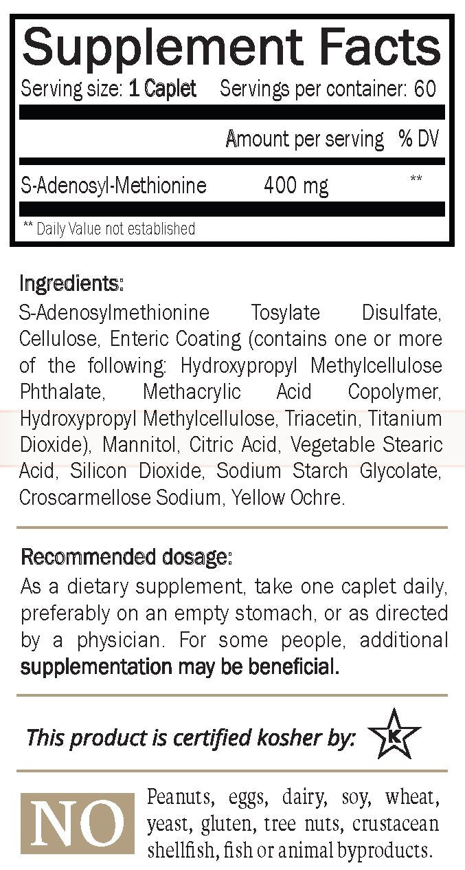 Nature's Trove SAM-e 400mg 60-Count Enteric Coated Caplets | Vegan, Kosher, Non-GMO Project Verified, Soy Free, Gluten Free