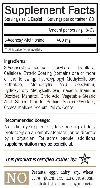 Nature's Trove SAM-e 400mg 60-Count Enteric Coated Caplets | Vegan, Kosher, Non-GMO Project Verified, Soy Free, Gluten Free