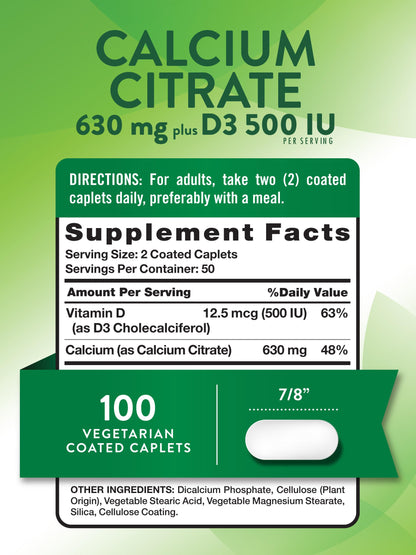 Nature's Truth Calcium Citrate with Vitamin D3 - 100 Caplets Pack of 2 - Vegetarian, Non-GMO & Gluten Free