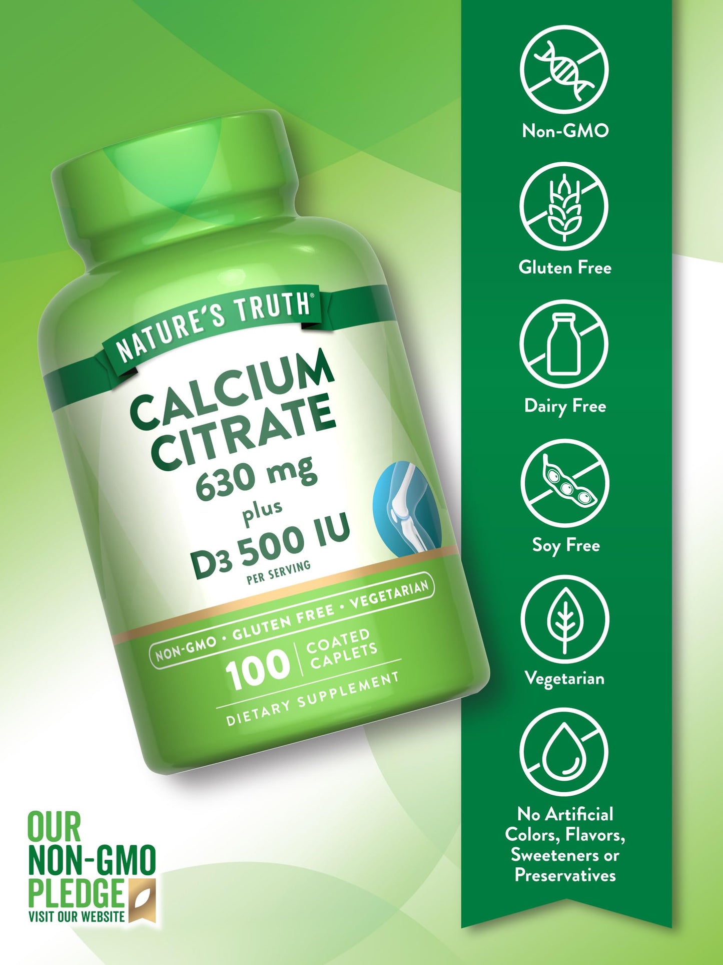 Nature's Truth Calcium Citrate with Vitamin D3 - 100 Caplets Pack of 2 - Vegetarian, Non-GMO & Gluten Free