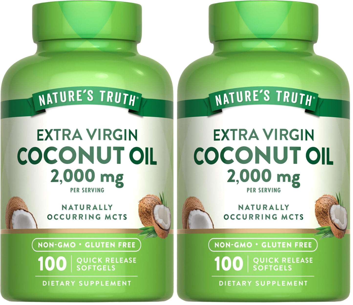 Nature's Truth Coconut Oil Supplement - 2 Pack (100 Softgels) | Naturally Occurring MCTs, Non-GMO, Gluten Free