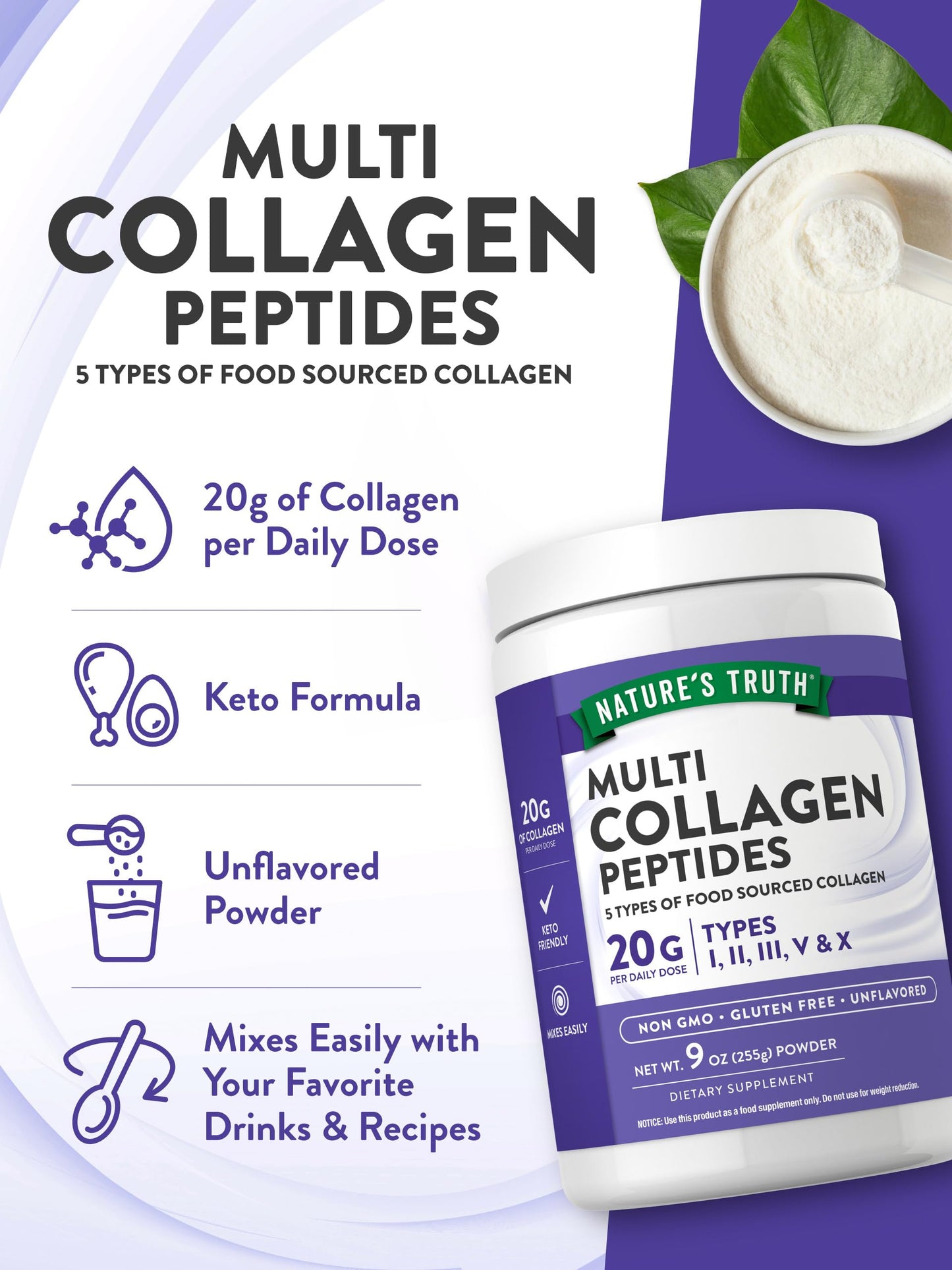 Nature's Truth Multi Collagen Peptide Powder 9 oz – Types I–X, Unflavored, Gluten Free