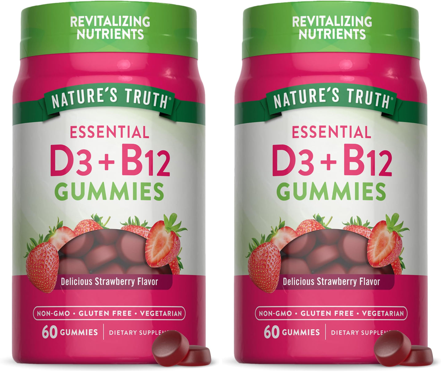 Nature's Truth Vitamin D3 & B12 Gummies for Adults – 60 Count Strawberry, Vegetarian, Non-GMO & Gluten Free (Pack of 2)