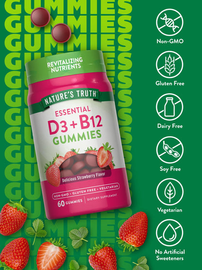 Nature's Truth Vitamin D3 & B12 Gummies for Adults – 60 Count Strawberry, Vegetarian, Non-GMO & Gluten Free (Pack of 2)