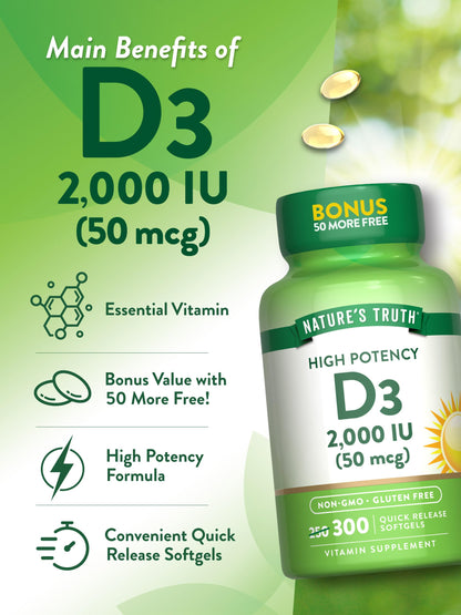Nature's Truth Vitamin D3 2000 IU | 300 Softgels | High Potency | Non-GMO & Gluten Free