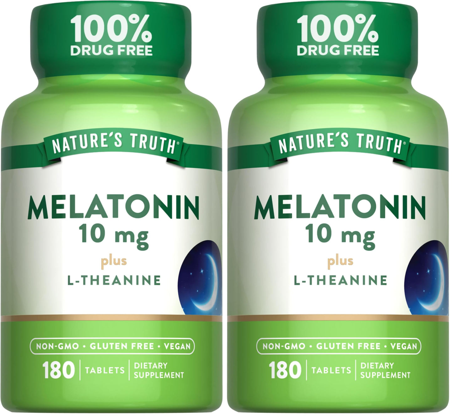 Nature's Truth Melatonin Tablets 10 mg with L-Theanine - 180 Count (Pack of 2) | Vegan, Non-GMO & Gluten Free