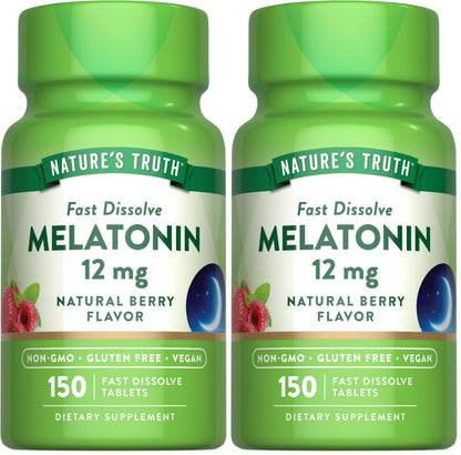 Nature's Truth Melatonin 12 mg - 150 Tablets, Berry Flavor, Quick Dissolve, Vegan, Non-GMO & Gluten Free | Pack of 2