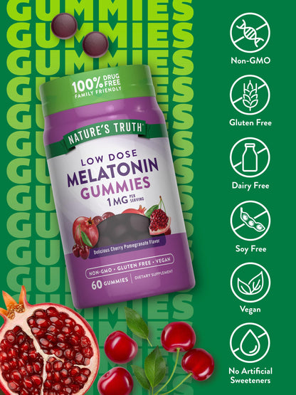 Nature's Truth Melatonin Gummies 1mg - 60 Count Cherry Pomegranate (Pack of 2) – Vegan, Non-GMO & Gluten Free
