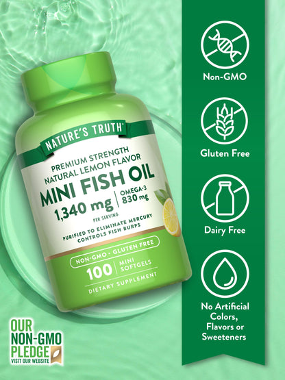 Nature's Truth Mini Fish Oil Omega-3 1340 mg | 100 Softgels | Burpless Lemon (Pack of 2)