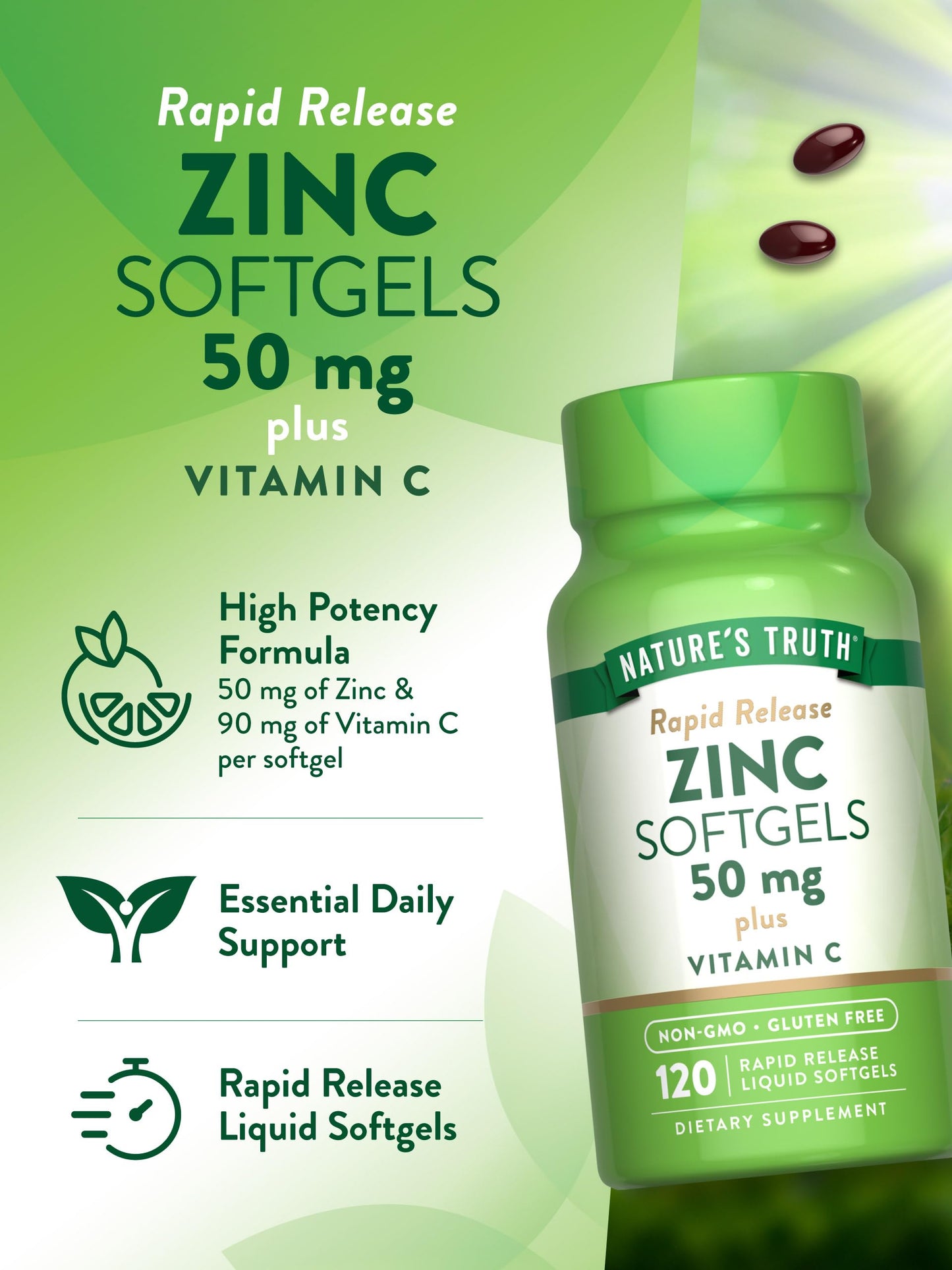 Nature's Truth Zinc with Vitamin C – 50mg, 120 Softgels (Pack of 2) | Non-GMO & Gluten Free