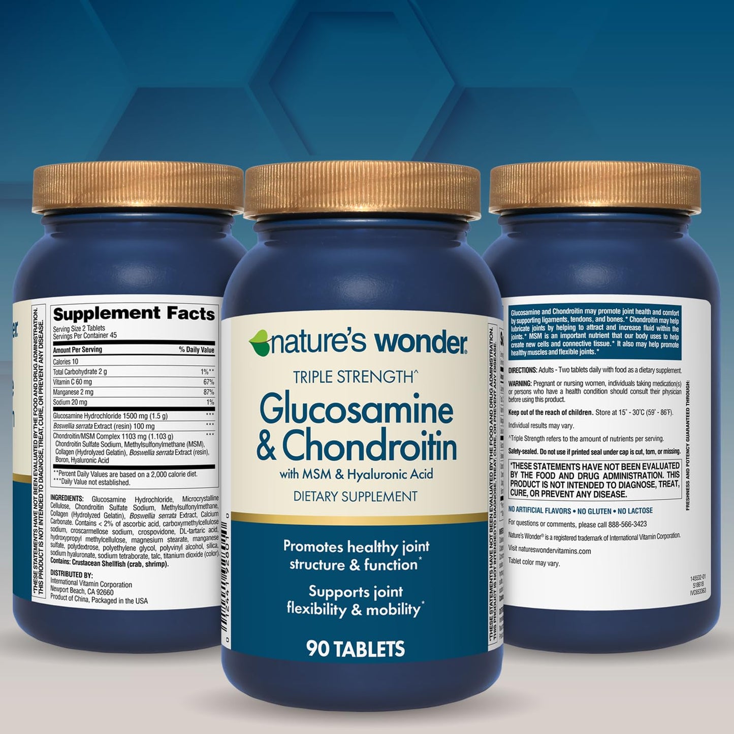 Nature's Wonder Triple Strength Glucosamine Chondroitin with MSM & Hyaluronic Acid for Joint Health – 90 Tablets (Pack of 2)