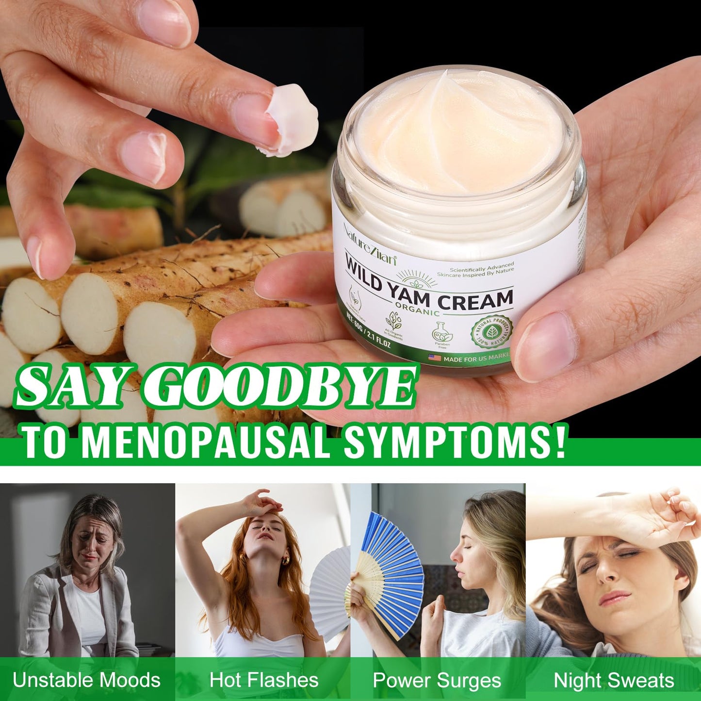 NATURE ZIRAN Wild Yam Cream - Estrogen-Free Skin Cream for Menopause & Period Changes, 2.1 fl oz