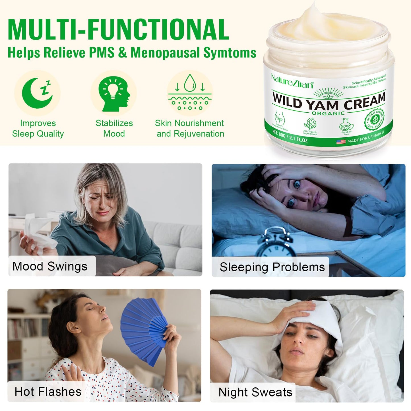 NATURE ZIRAN Wild Yam Cream - Estrogen-Free Skin Cream for Menopause & Period Changes, 2.1 fl oz