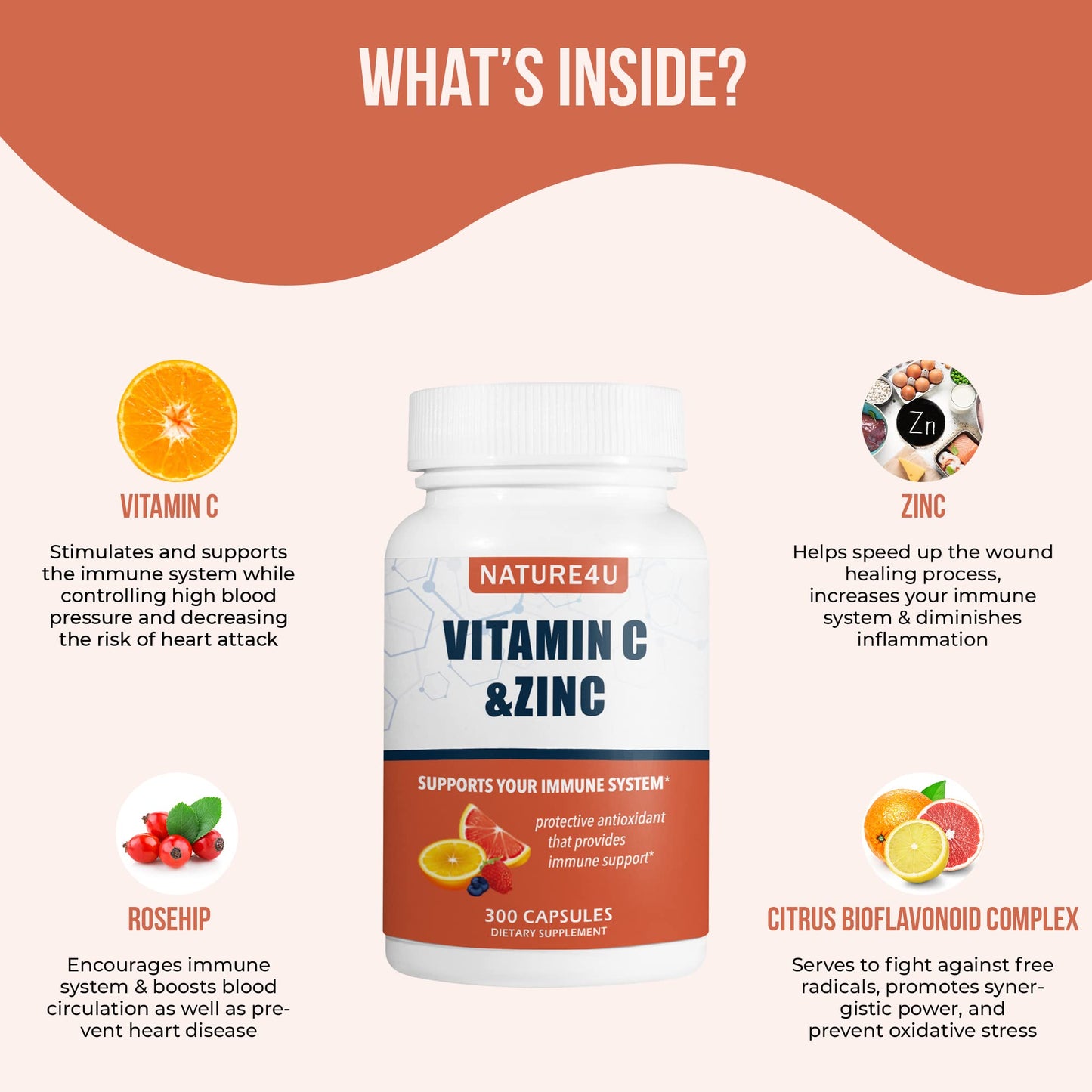 Nature4U Vitamin C 1000mg with Zinc – Rose Hips & Citrus Bioflavonoids | Immune Support, Antioxidants | 300 Capsules