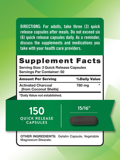 Nature's Truth Activated Charcoal Capsules 780 mg – 150 CT – Coconut Shells – Non-GMO and Gluten Free