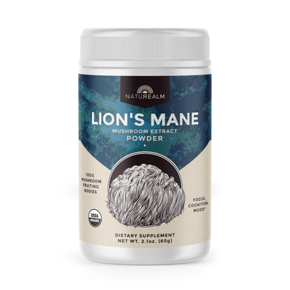 Naturealm Lion's Mane Mushroom Powder – Organic Brain Support, Focus & Memory – 60 Servings – Non-GMO