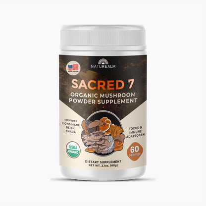 Naturealm Sacred 7 Organic Mushroom Supplement – 60 Servings – Fruiting Body Extract (Lions Mane, Reishi, Chaga) for Immune Support & Nootropic Focus