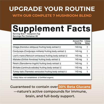 Naturealm Sacred 7 Organic Mushroom Supplement – 60 Servings – Fruiting Body Extract (Lions Mane, Reishi, Chaga) for Immune Support & Nootropic Focus