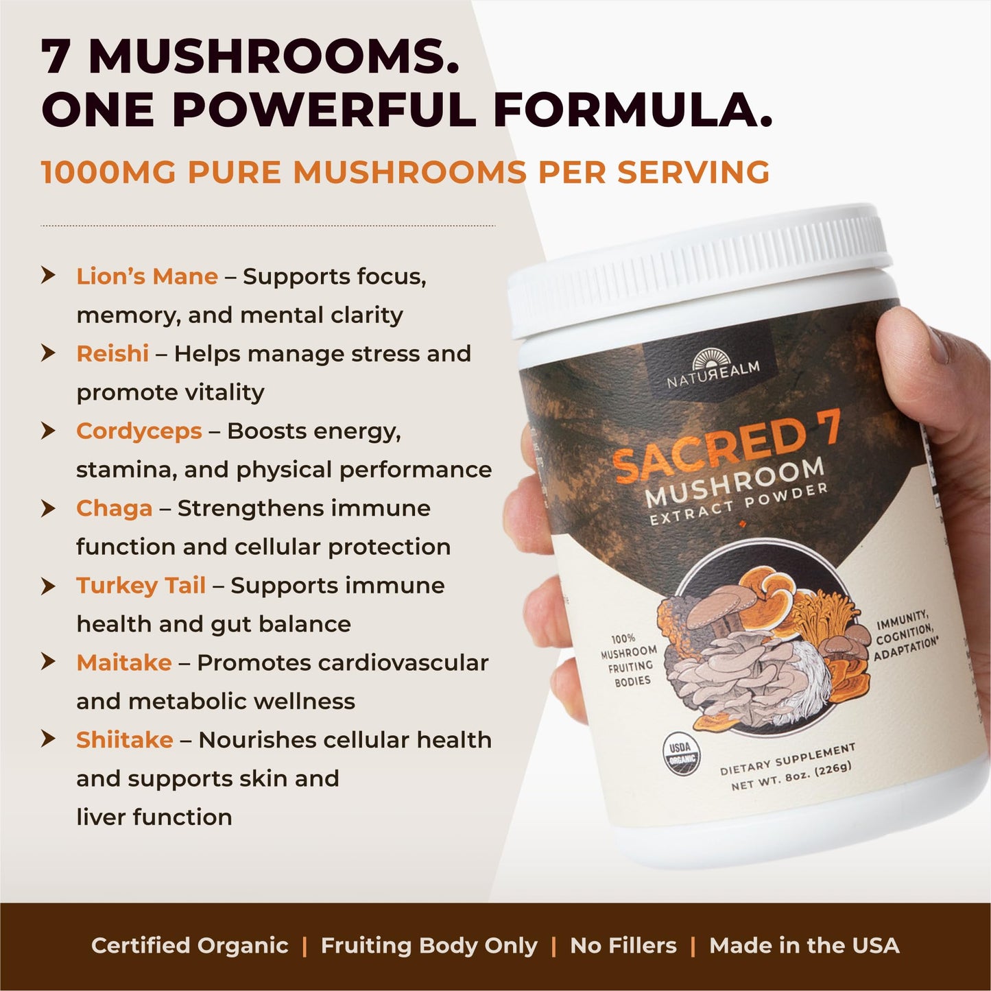 Naturealm Sacred 7 Organic Mushroom Supplement – 60 Servings – Fruiting Body Extract (Lions Mane, Reishi, Chaga) for Immune Support & Nootropic Focus