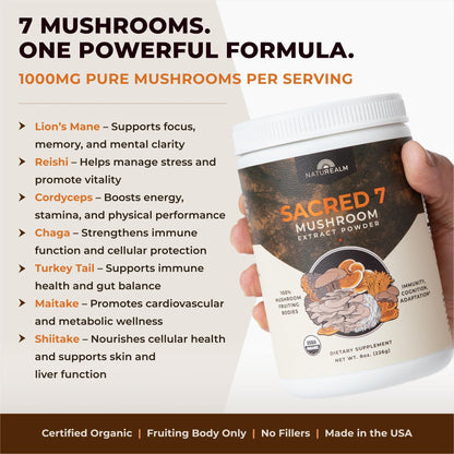 Naturealm Sacred 7 Organic Mushroom Supplement – 60 Servings – Fruiting Body Extract (Lions Mane, Reishi, Chaga) for Immune Support & Nootropic Focus