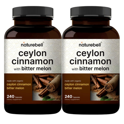 NatureBell 2 Pack Ceylon Cinnamon 9000mg Per Serving + Organic Bitter Melon – 480 Capsules | Non-GMO, Gluten Free