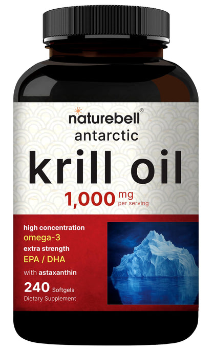 NatureBell Antarctic Krill Oil 1000mg | 240 Softgels | Omega-3 EPA & DHA | No Aftertaste