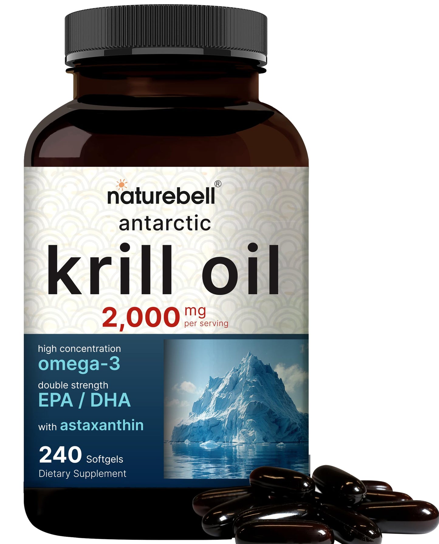 NatureBell Antarctic Krill Oil 2000mg - 240 Softgels - 3x Strength | EPA 240mg DHA 160mg Astaxanthin 800mcg