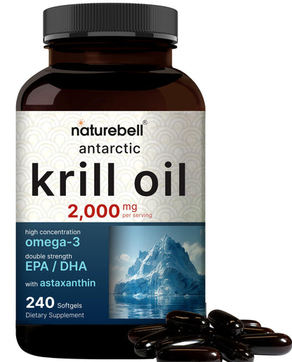 NatureBell Antarctic Krill Oil 2000mg - 240 Softgels - 3x Strength | EPA 240mg DHA 160mg Astaxanthin 800mcg
