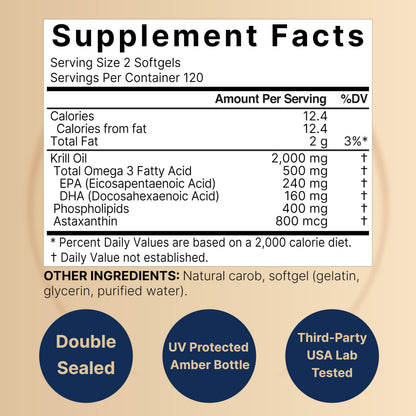 NatureBell Antarctic Krill Oil 2000mg - 240 Softgels - 3x Strength | EPA 240mg DHA 160mg Astaxanthin 800mcg