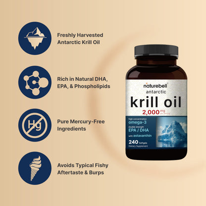 NatureBell Antarctic Krill Oil 2000mg - 240 Softgels - 3x Strength | EPA 240mg DHA 160mg Astaxanthin 800mcg