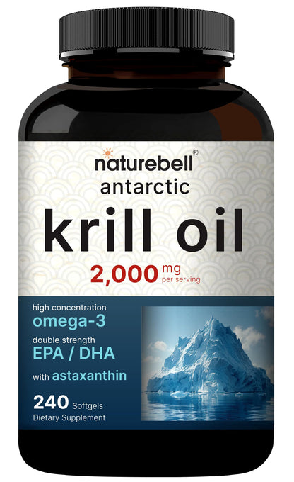 NatureBell Antarctic Krill Oil 2000mg - 240 Softgels - 3x Strength | EPA 240mg DHA 160mg Astaxanthin 800mcg