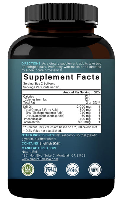 NatureBell Antarctic Krill Oil 2000mg - 240 Softgels - 3x Strength | EPA 240mg DHA 160mg Astaxanthin 800mcg