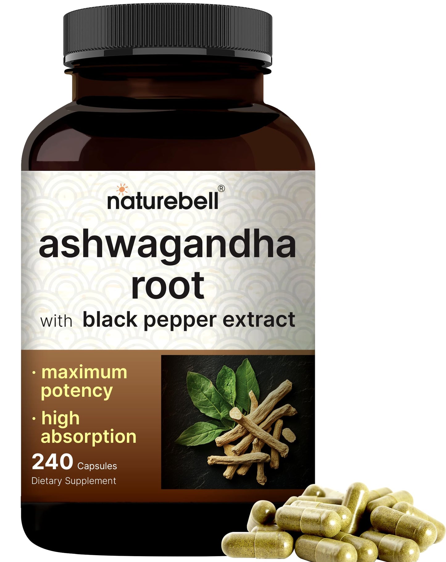 NatureBell Ashwagandha with Black Pepper - 240 Capsules | High Absorption, Extra Strength Root Extract | Non-GMO