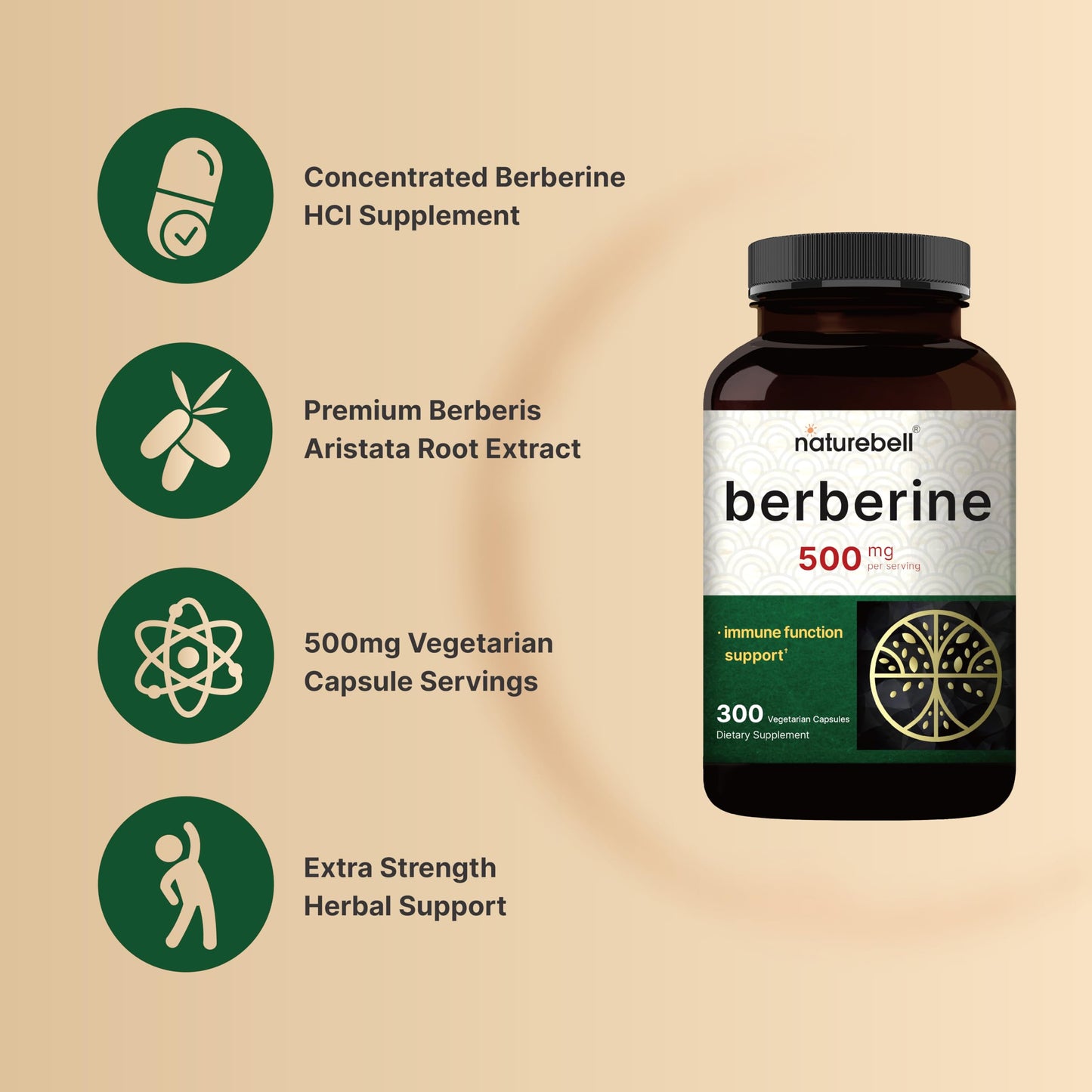 NatureBell Berberine 500mg – 300 Veggie Capsules | 5:1 Root Extract, Plant Based