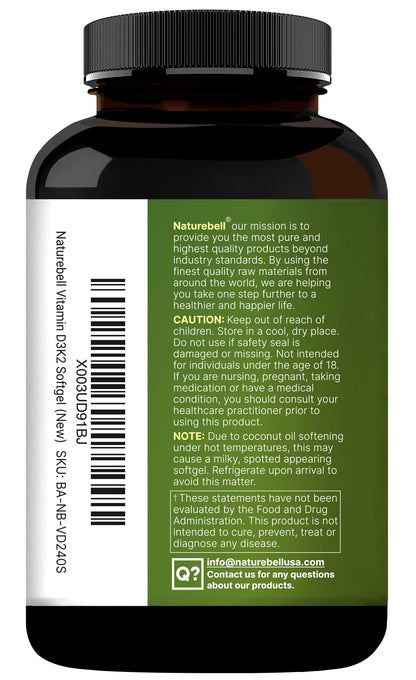 NatureBell Vitamin D3 10,000 IU + K2 200 mcg (MK-7) - 240 Softgels, Coconut Oil, Non-GMO