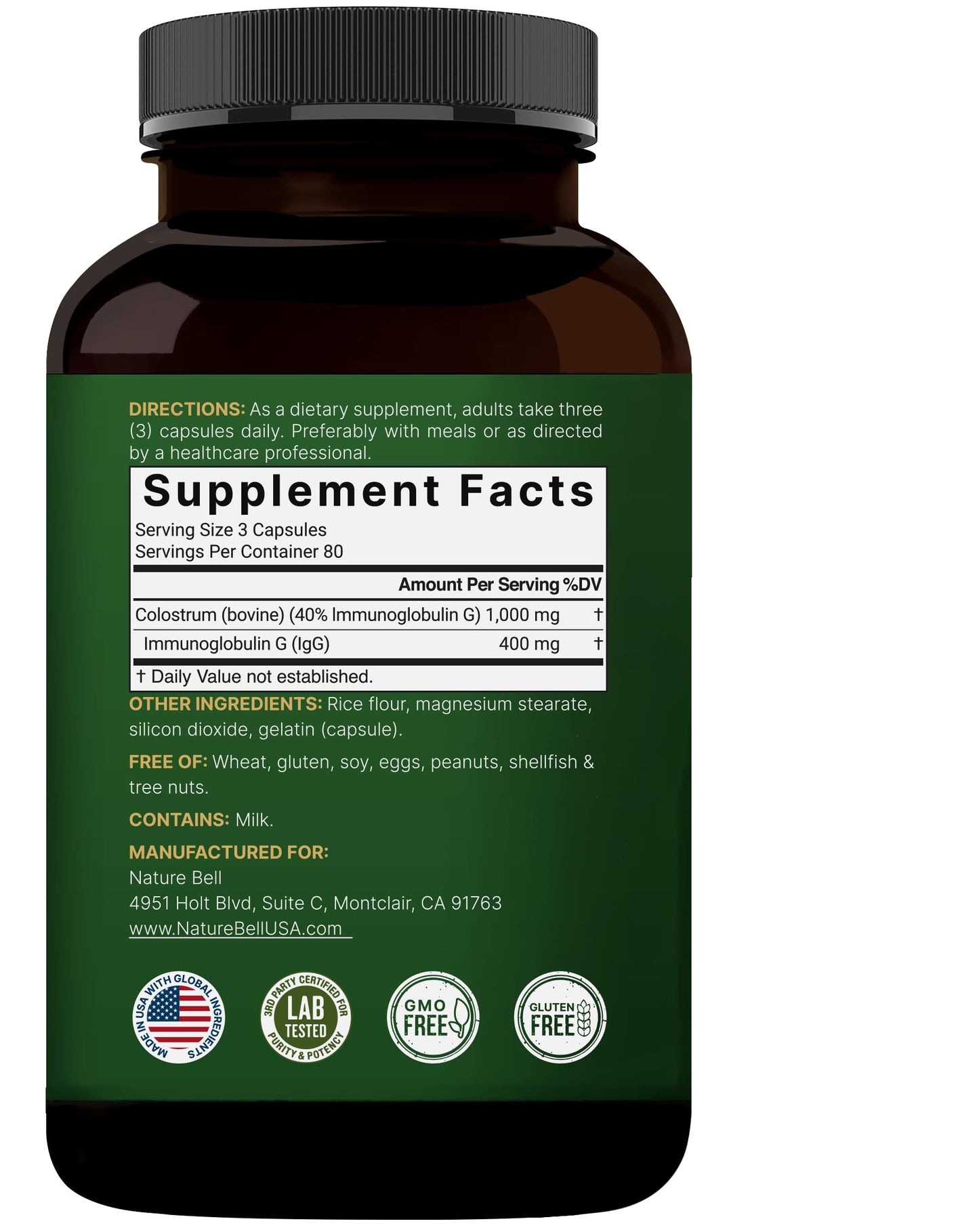 NatureBell Bovine Colostrum 1,000mg (240 Caps) – 40% IgG, Non-GMO | Gut Health & Immunity