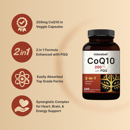 NatureBell CoQ10 200mg with PQQ – 240 Veggie Capsules | High Absorption