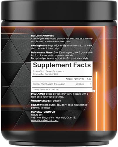 NatureBell Creatine Monohydrate Powder 1,000g | 200 Servings | Micronized & Unflavored