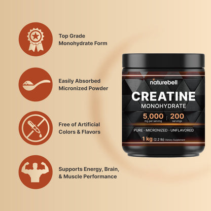 NatureBell Creatine Monohydrate Powder 1,000g | 200 Servings | Micronized & Unflavored