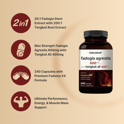 NatureBell Fadogia Agrestis 600mg + Tongkat Ali 400mg | 240 Caps | 20:1 & 200:1 Extracts | Non-GMO