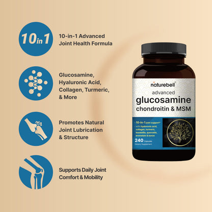 NatureBell Advanced Glucosamine Chondroitin MSM Supplement – 240 Capsules | 10-in-1 Joint Support Complex, Non-GMO