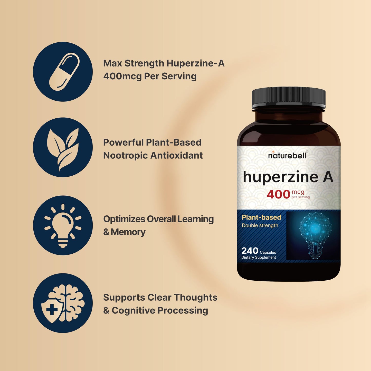 NatureBell Huperzine A 400mcg Per Serving | 240 Capsules – Focus, Cognition & Memory (Non-GMO)