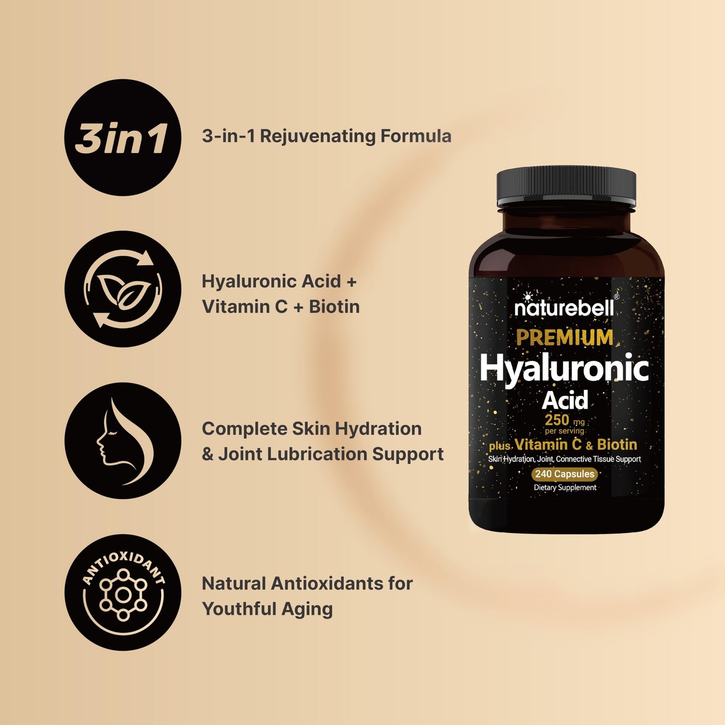 NatureBell Hyaluronic Acid 250mg – 240 Capsules with Biotin & Vitamin C (3-in-1)
