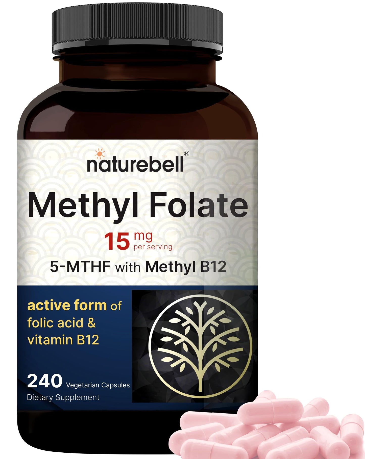 NatureBell L-Methylfolate 15mg | 240 Veggie Capsules | 5-MTHF + 1000mcg B12 – Energy & Cognitive Support