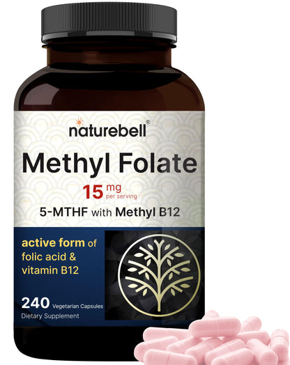 NatureBell L-Methylfolate 15mg | 240 Veggie Capsules | 5-MTHF + 1000mcg B12 – Energy & Cognitive Support