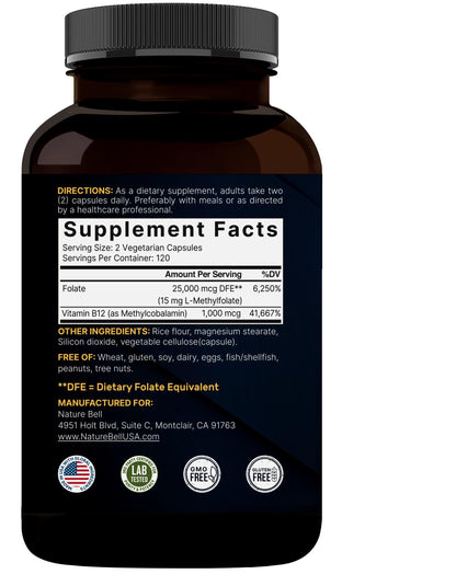 NatureBell L-Methylfolate 15mg | 240 Veggie Capsules | 5-MTHF + 1000mcg B12 – Energy & Cognitive Support